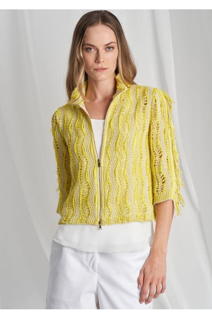 Tricot Chic Long Sleeve Fringe Zip Jacket B530 | Yellow/Beige