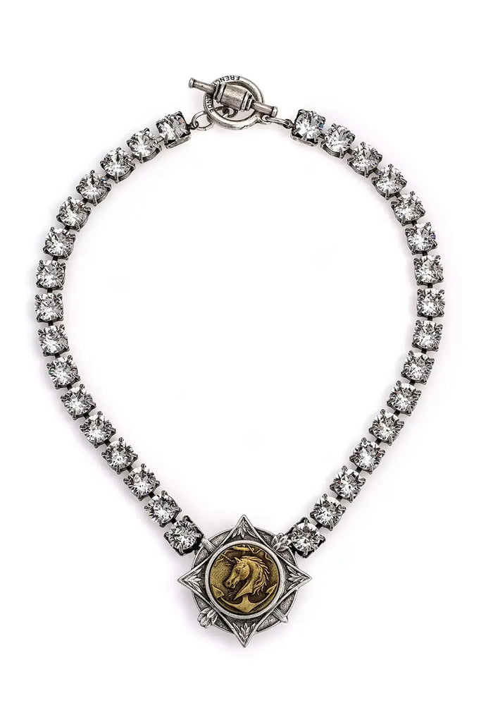 French Kande Necklace Crystal Cup Chain with Silver Normandy Bezel and Brass Mini Colonies Medallion