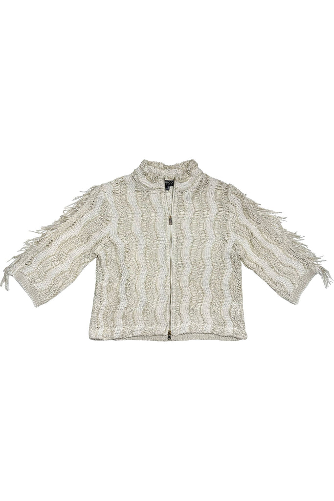 Tricot Chic Long Sleeve Fringe Zip Jacket B530 | White/Beige