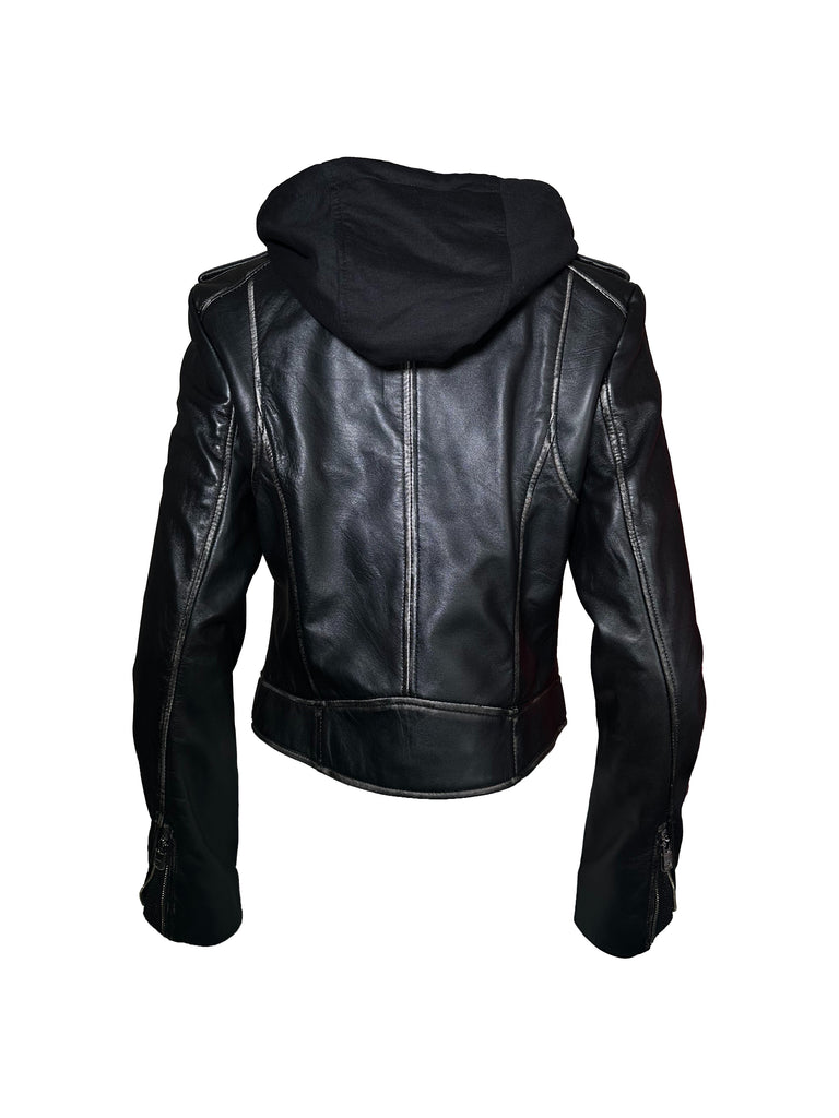 Lamarque Holy Leather Biker Jacket with Removable Hood | Distressed Black