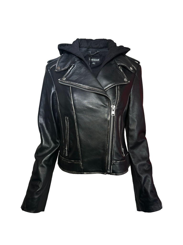 Lamarque Holy Leather Biker Jacket with Removable Hood | Distressed Black