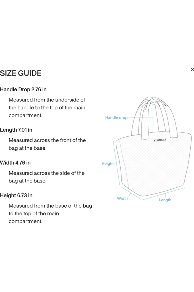 MZ Wallace Micro Sutton Quilted Bag 1109X Size Guide