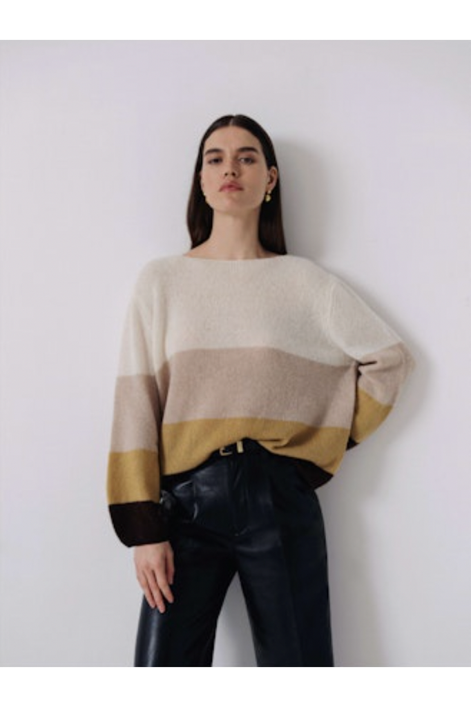 W. Cashmere Maie Color-Block Balloon-Sleeve Pullover | Amber Color Combo