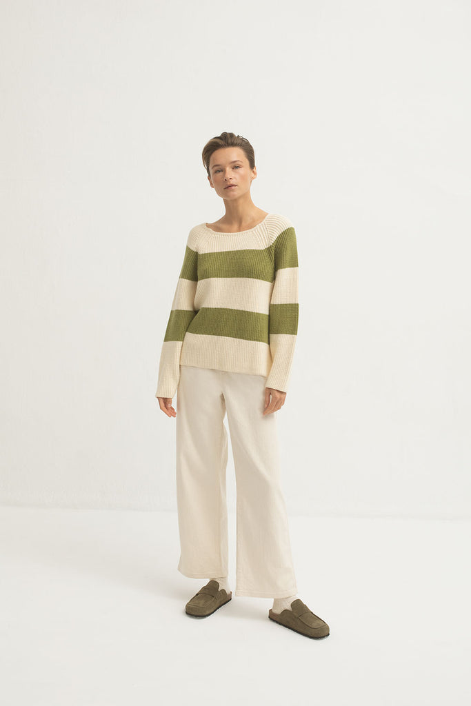 Mus & Bombon Boat Neck Sweater | Green Stripe