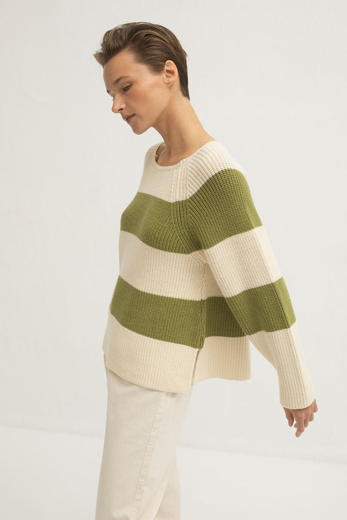 Mus & Bombon Boat Neck Sweater | Green Stripe