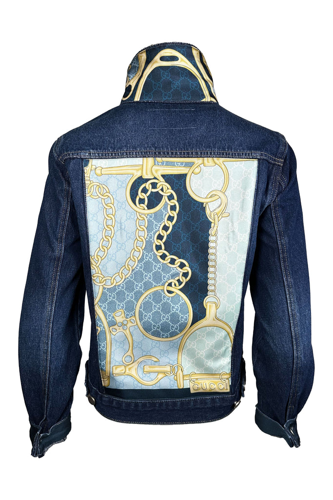 One Of A Kind Designer Scarf Jean Jacket | Dark Denim/Gucci - Stirrup Large Blue Saddle