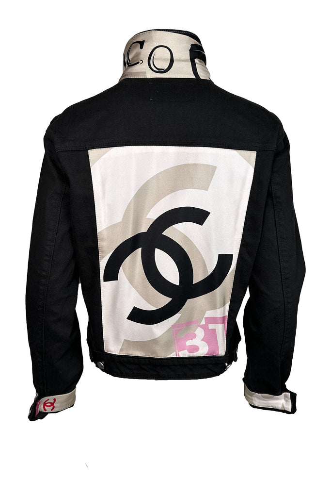 One Of A Kind Designer Scarf Jean Jacket | Black/ Chanel - Abstract