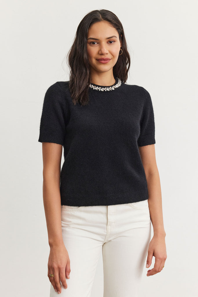 Velvet by Graham & Spencer Layton 06 Embellished Collar Sweater | Black