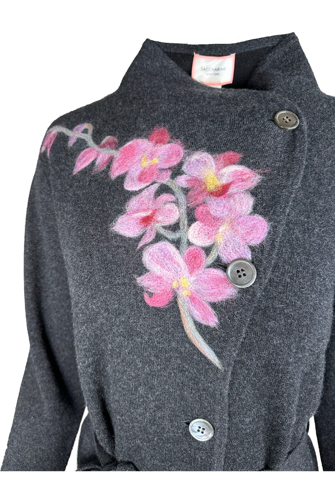 Saccharine New York Cashmere Blend Asymmetrical Wrap Coat FW24-108 / Wild Orchid Floral Motif / Wall Street