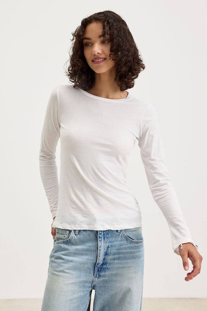 Velvet by Graham & Spencer Zofina Fitted Long Sleeve Gauzy Whisper Crew Neck Tee Shirt | White