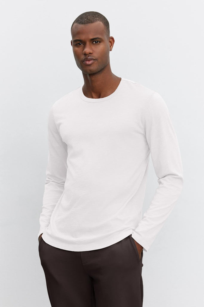 Velvet by Graham & Spencer Men's Kai Cotton Slub Long Sleeve Crew Neck Tee | White