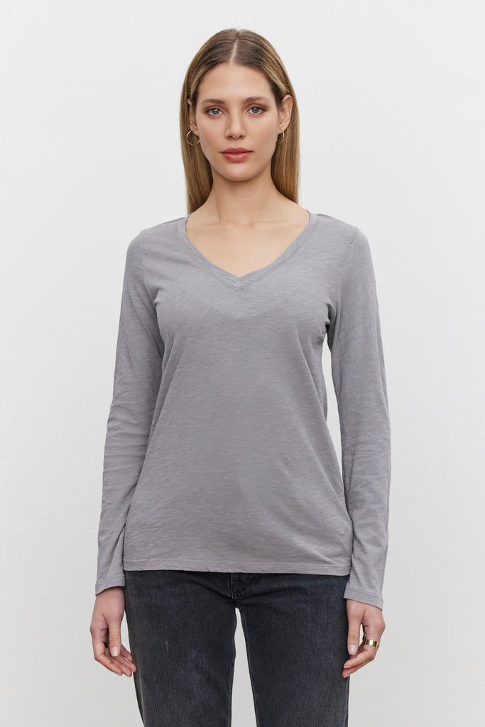 Velvet by Graham & Spencer Blaire Long Sleeve Cotton V- Neck Tee Shirt | Ash