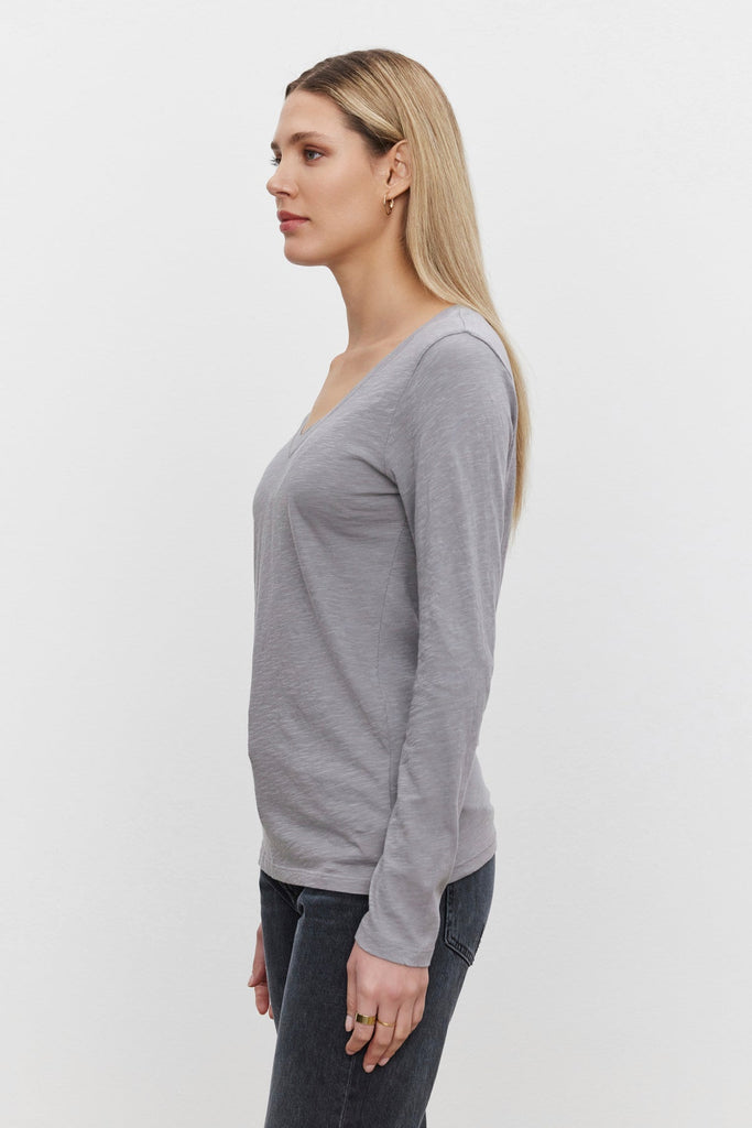 Velvet by Graham & Spencer Blaire Long Sleeve Cotton V- Neck Tee Shirt | Ash