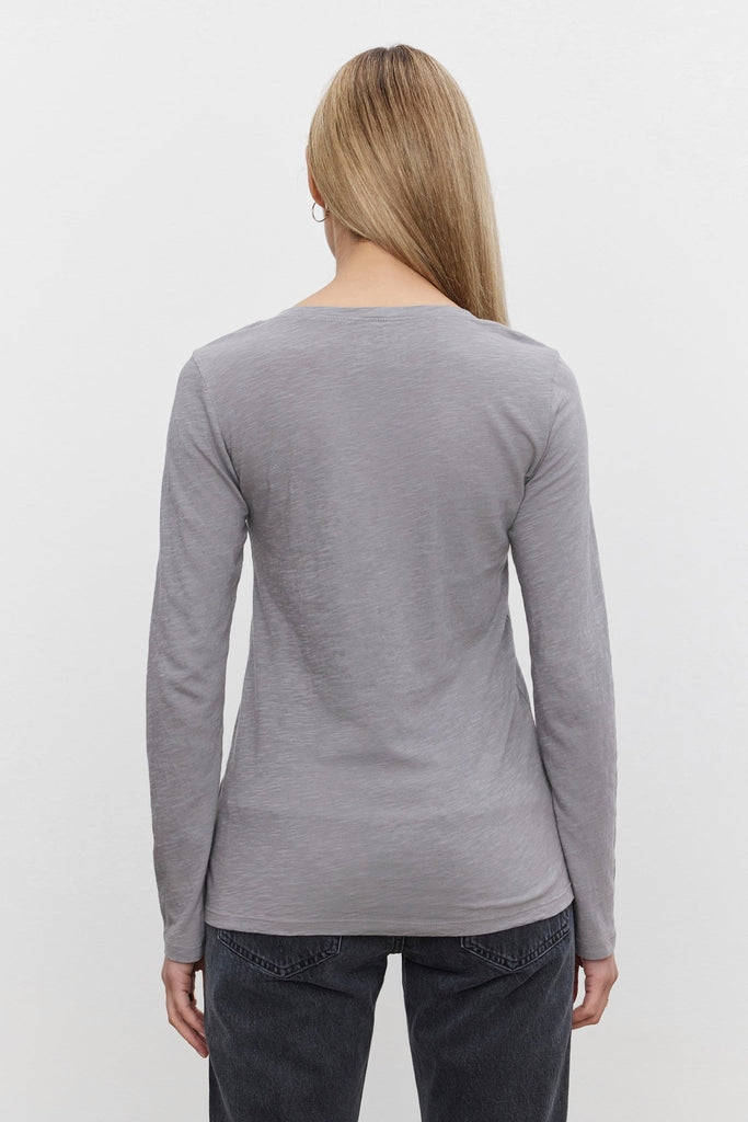 Velvet by Graham & Spencer Blaire Long Sleeve Cotton V- Neck Tee Shirt | Ash