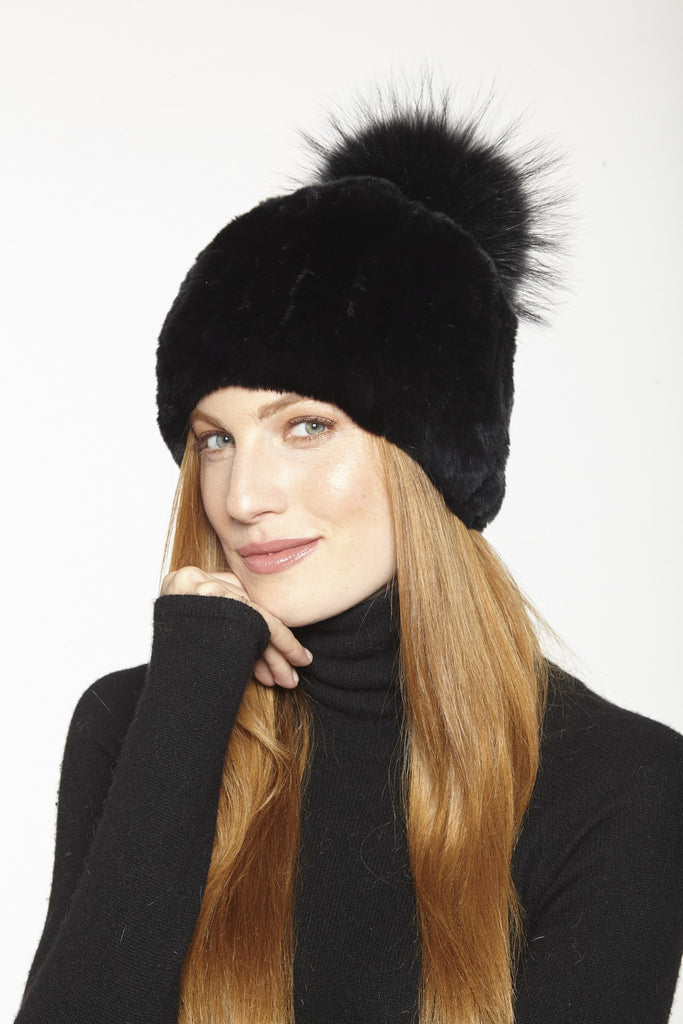 Linda Richards Rex Rabbit Knit Hat With Fox Pom Pom HA-57