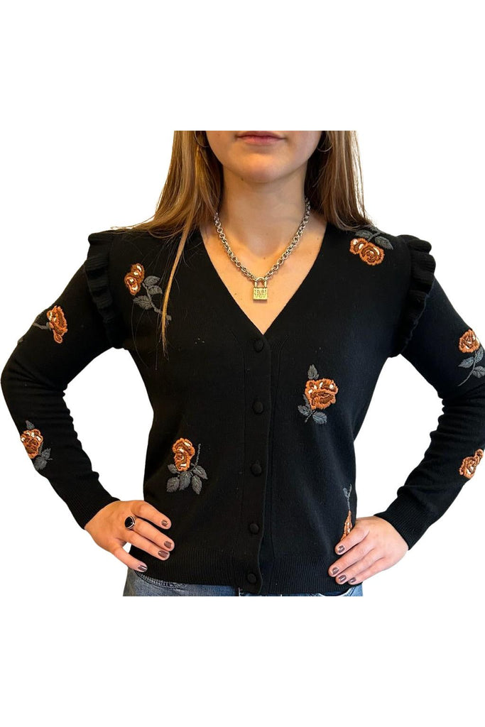 Minnie Rose Cashmere Embroidered Floral Cardigan F7780 | Black